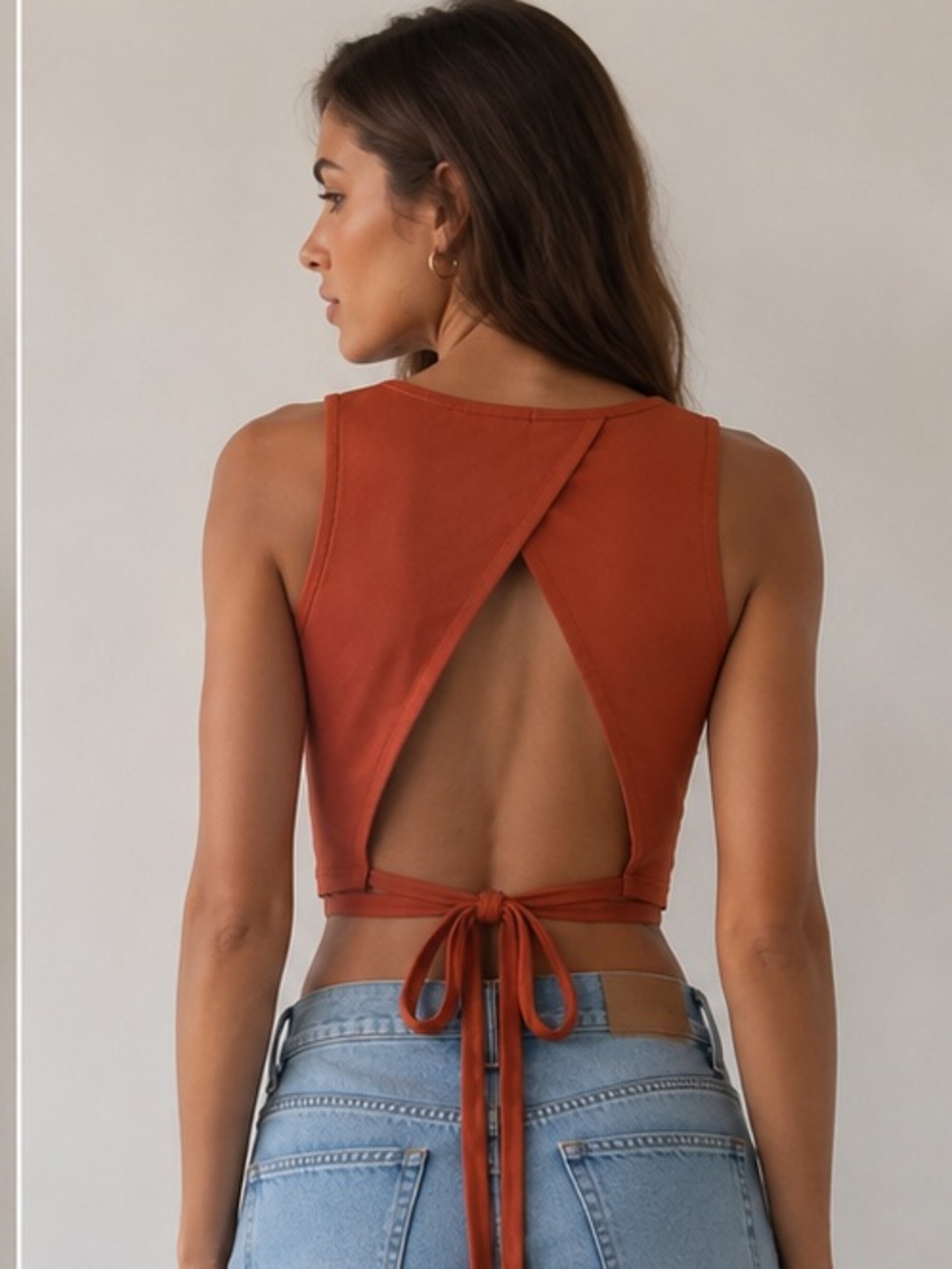 Lulus “Let’s Tie It” Rust Orange Tie-Back Cropped Tank Top -Small